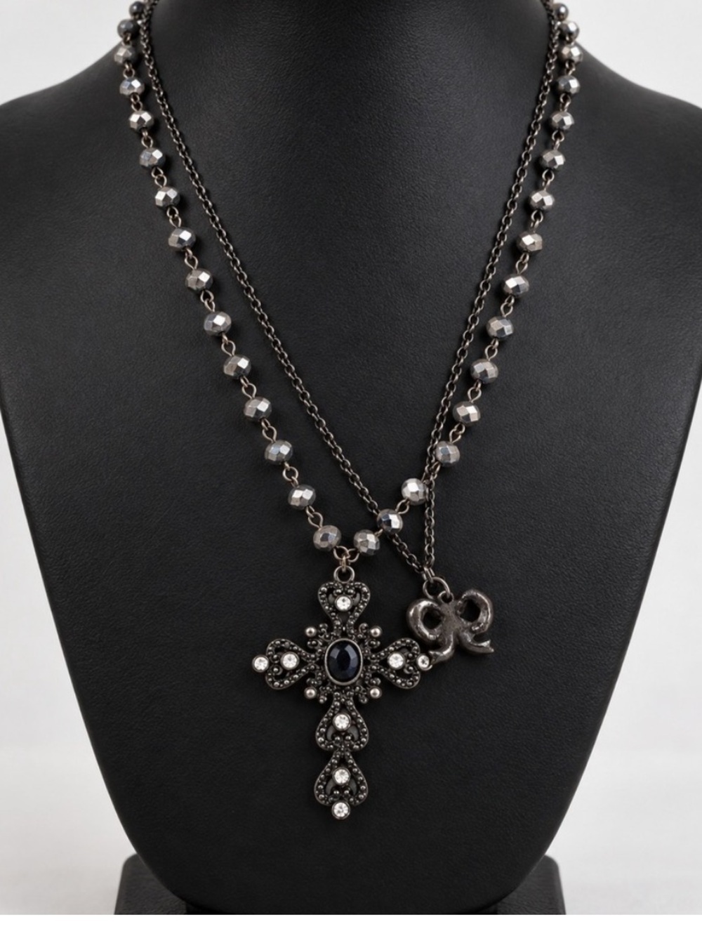 Vintage Gunmetal Cross Necklace with Black and Silver Accents